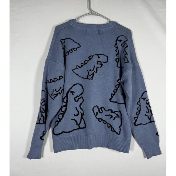 AELFRIC EDEN Dinosaur Sweater AOP Women's Medium Blue Tight Knit Oversized - Picture 2 of 6